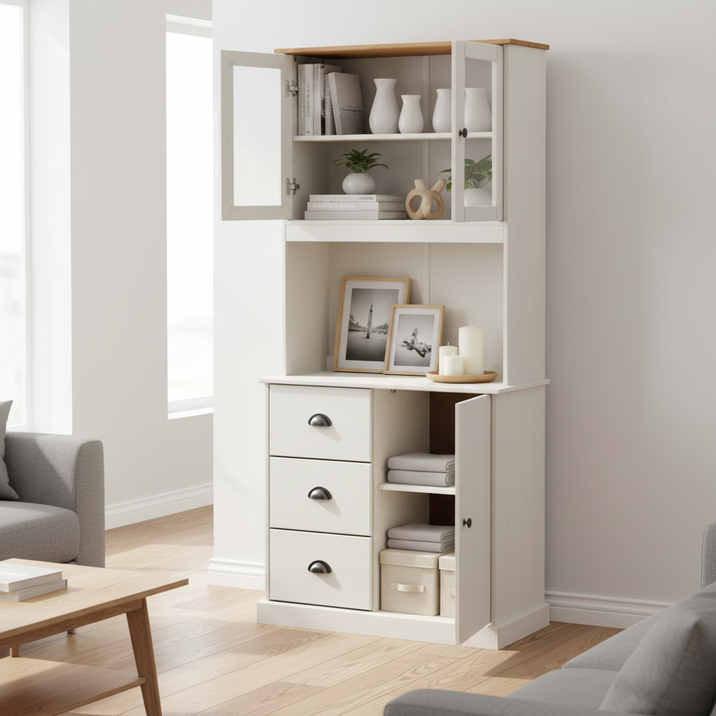 Witte hoge kast met open deuren en styling