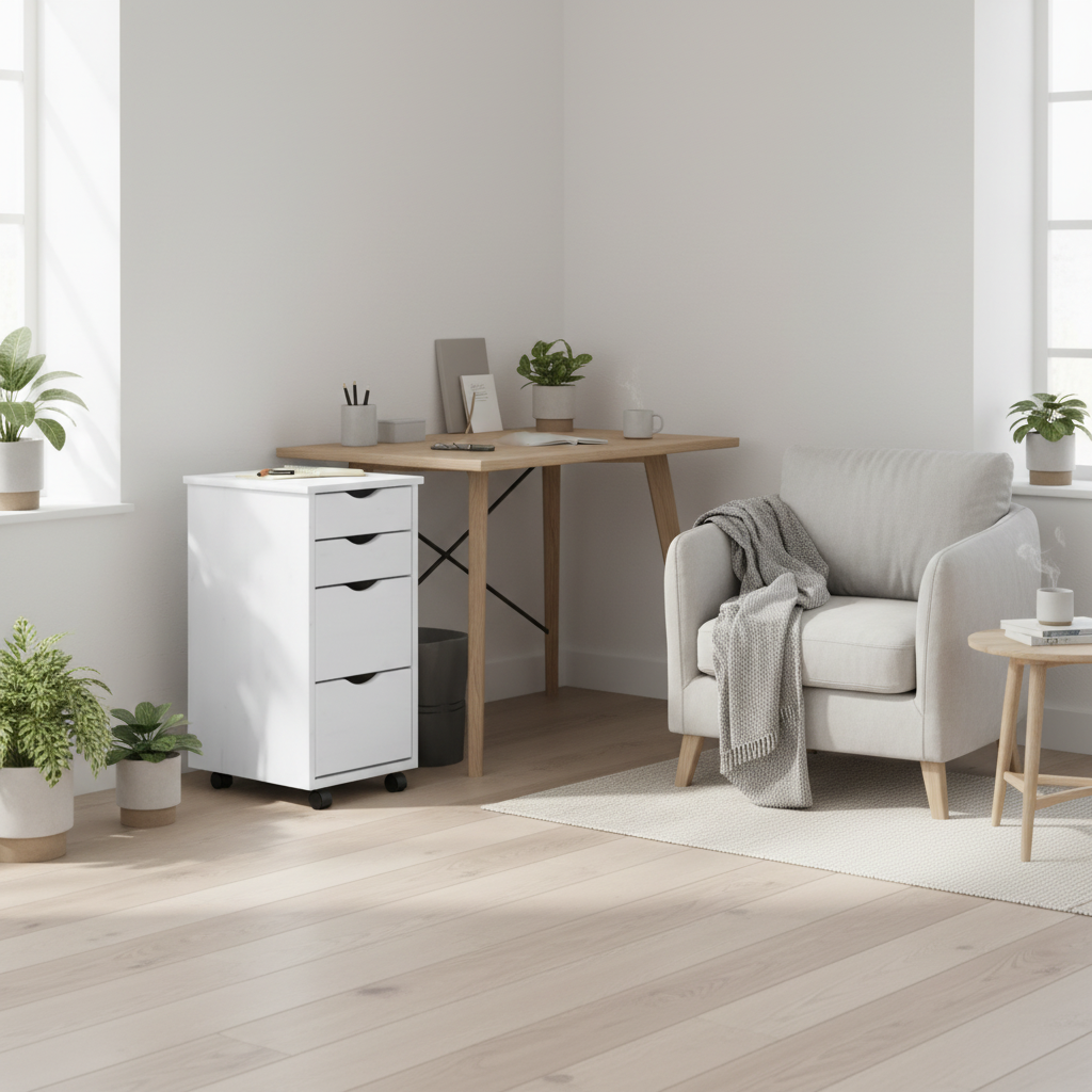 Witte ladekast in Scandinavische slaapkamer/studeerkamer - vierkant