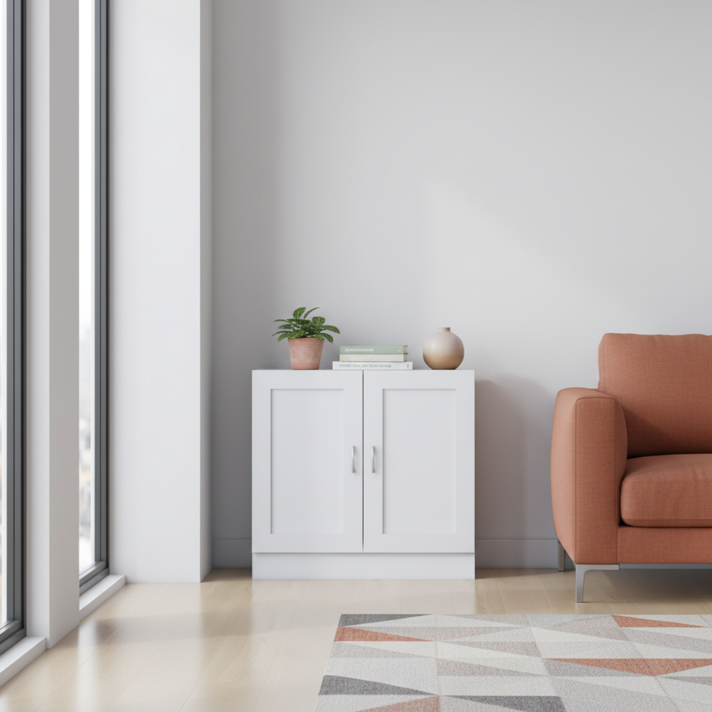 Witte lage boekenkast 80cm in open moderne woonkamer