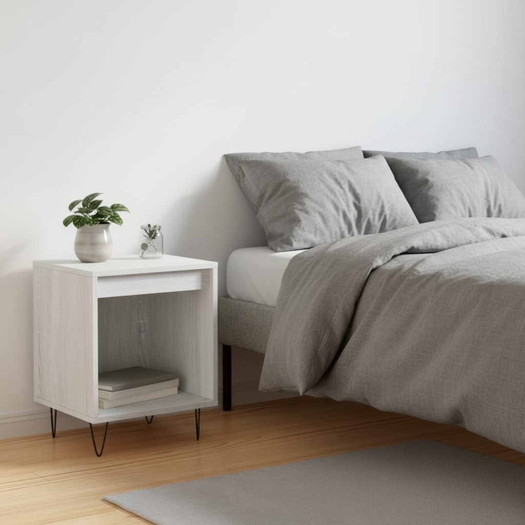 Witte nachtkastjes in Scandinavische slaapkamer