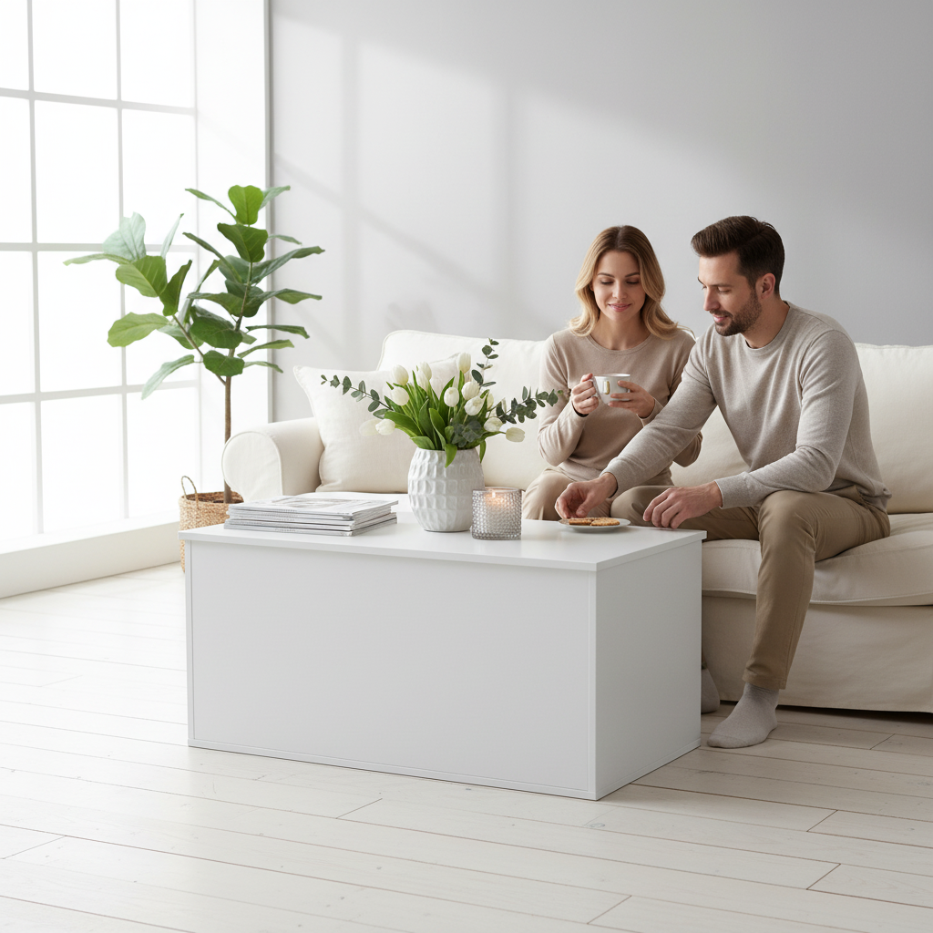 Witte opbergkist gesloten als salontafel