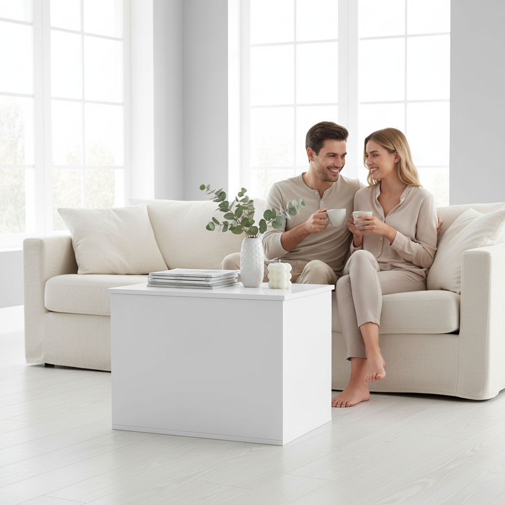 Witte opbergkist gesloten als salontafel