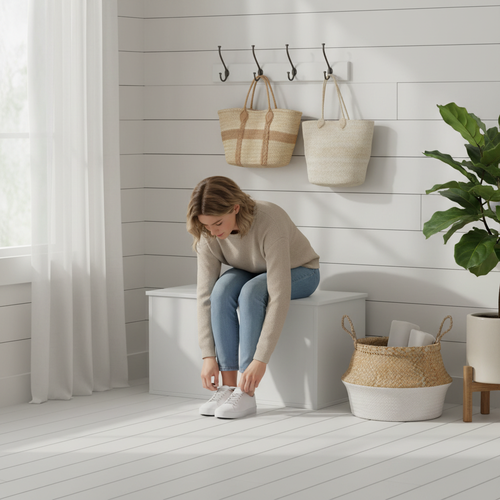 Witte opbergkist gesloten als zitbank in entree