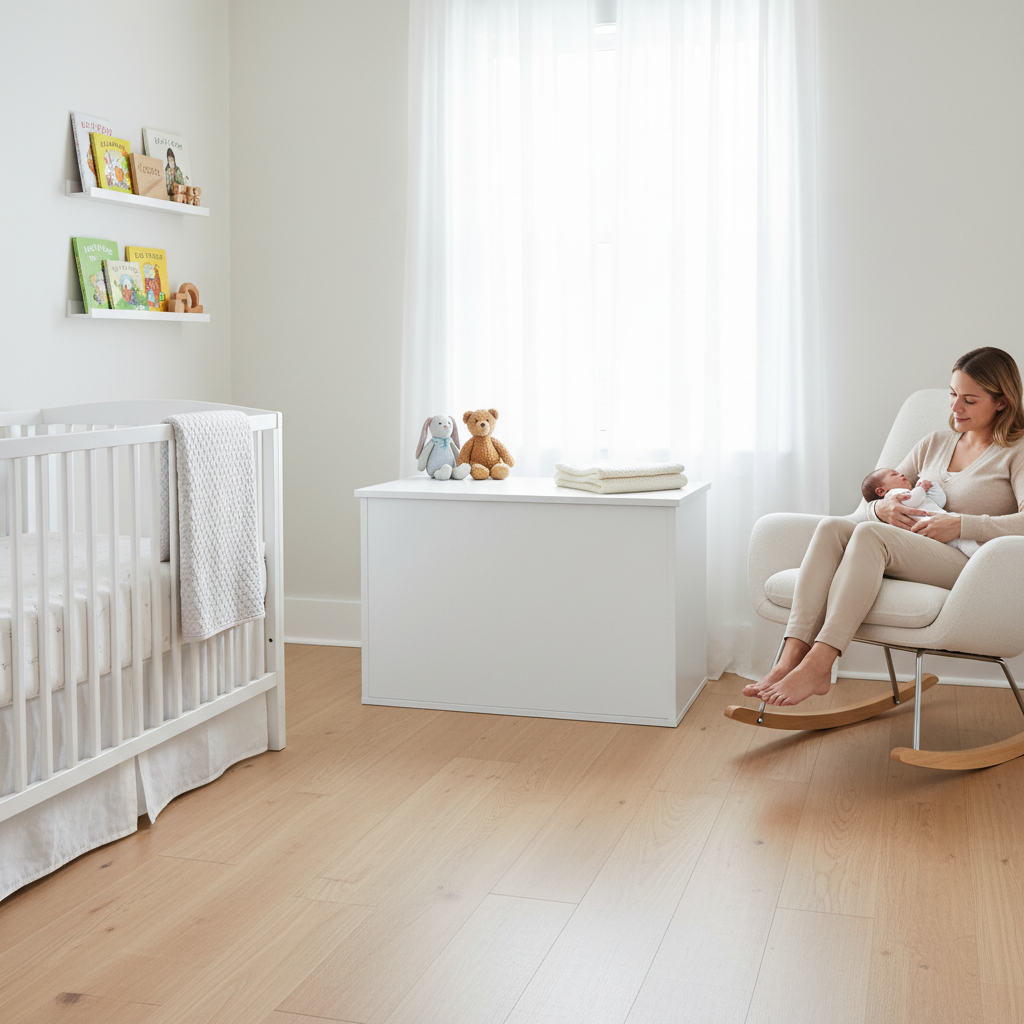 Witte opbergkist gesloten in babykamer