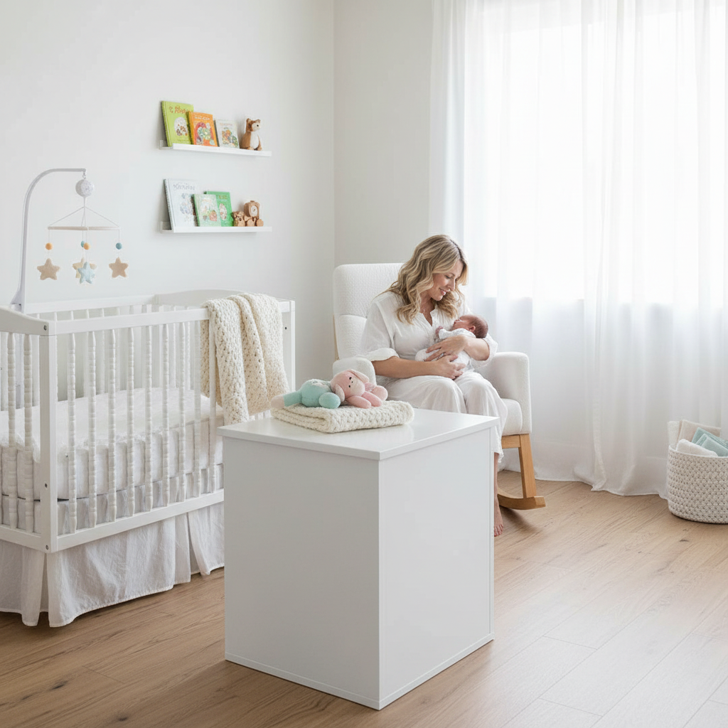 Witte opbergkist gesloten in babykamer