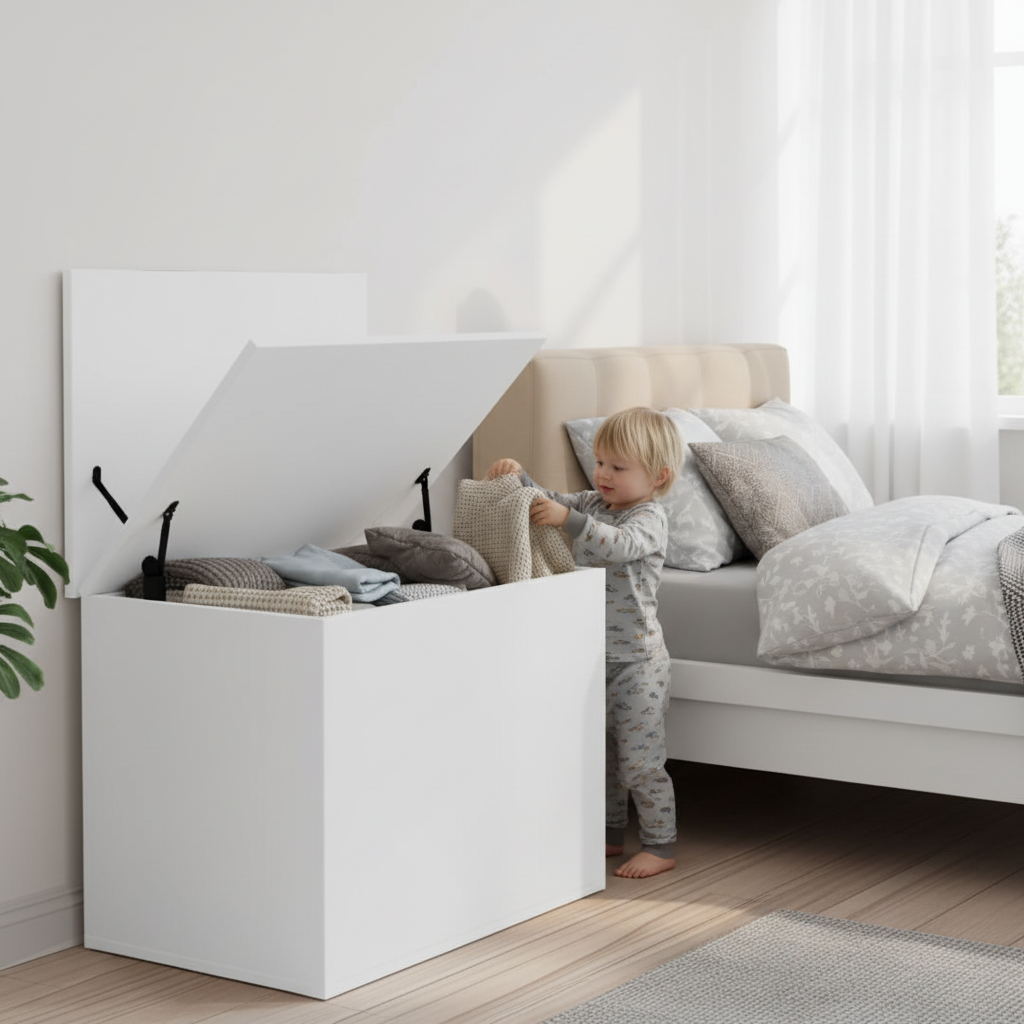 Witte opbergkist met open deksel in Nordic slaapkamer