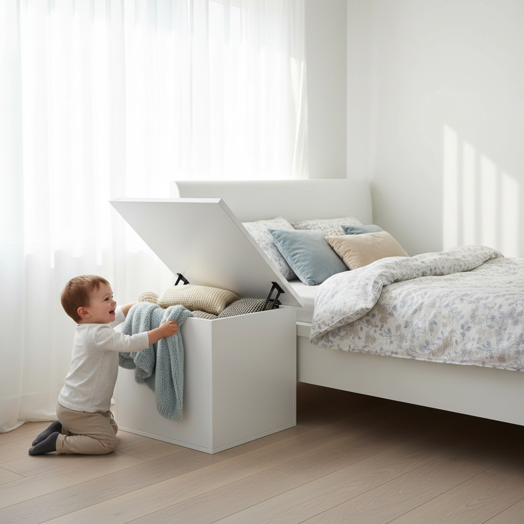 Witte opbergkist met open deksel in Nordic slaapkamer