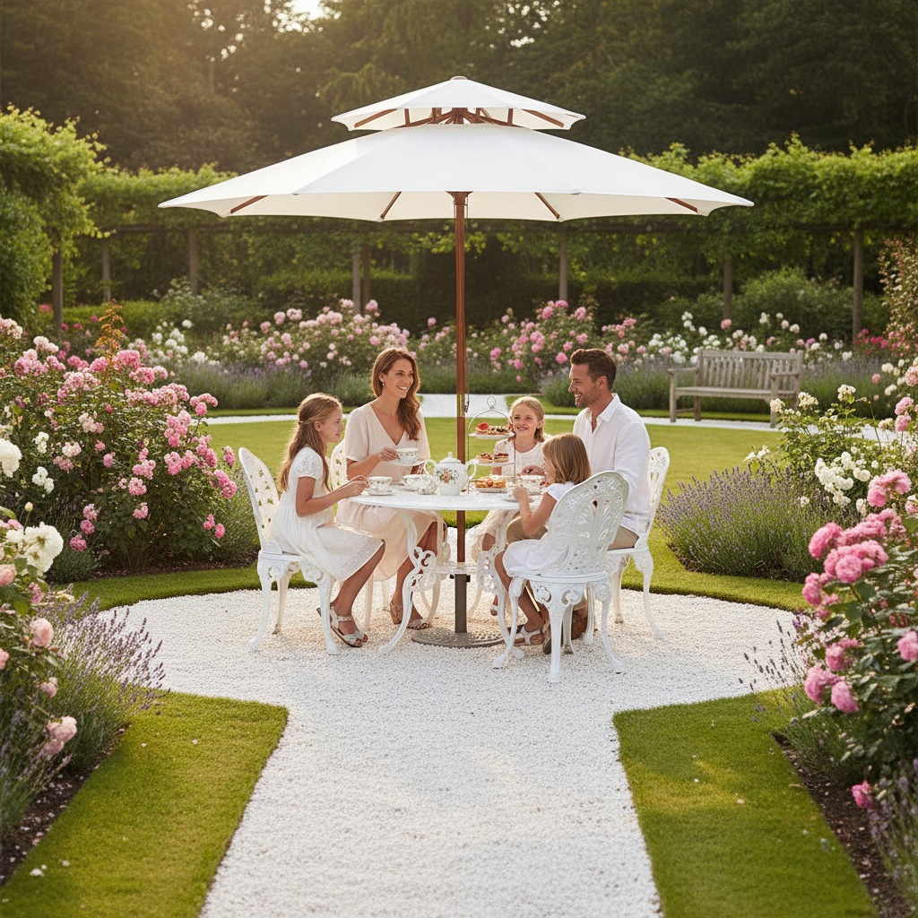 Witte parasol in landelijke tuin