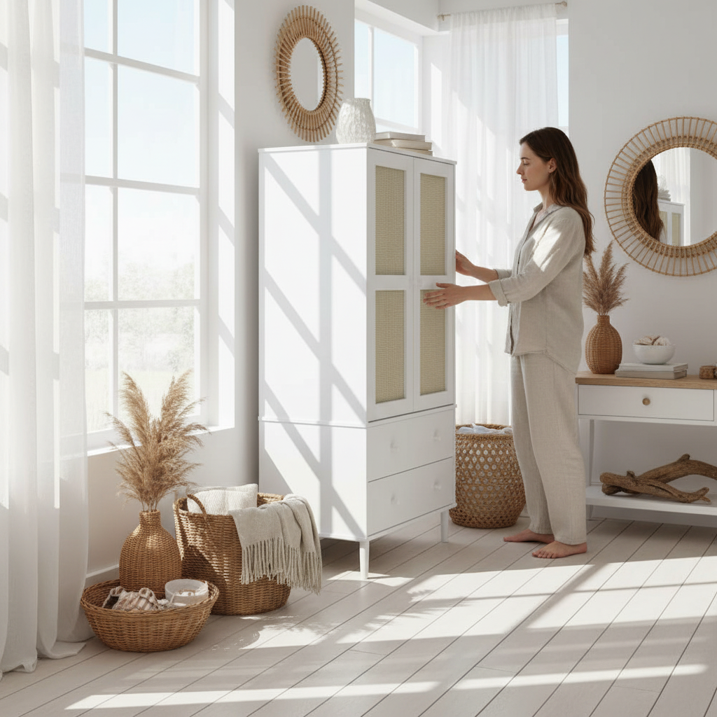 Witte rotan kast in coastal woonkamer