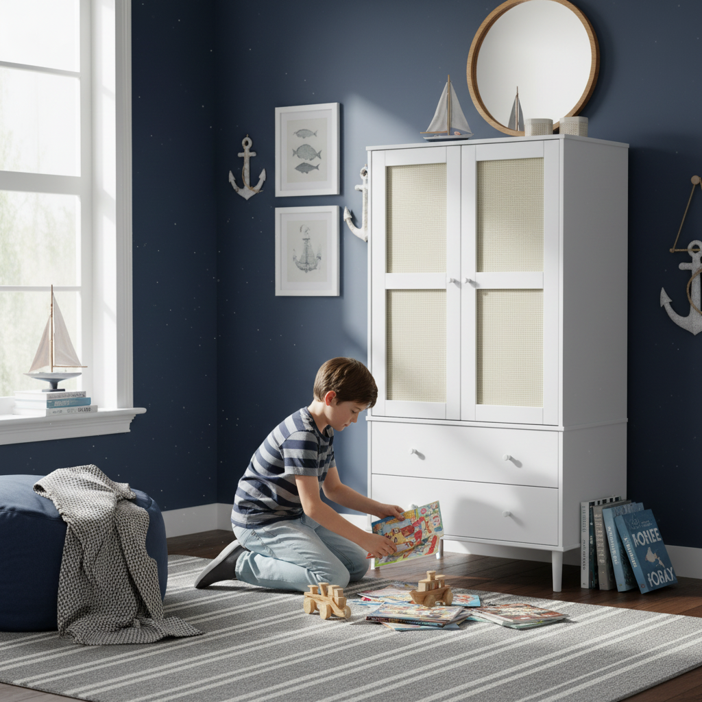 Witte rotan kast in jongenskamer