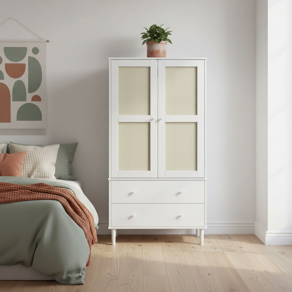 Witte rotan kast in Scandinavische setting