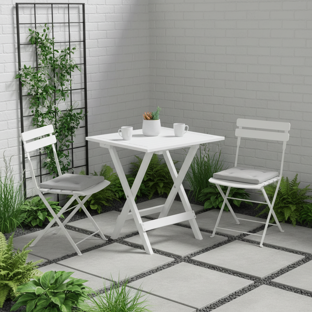 Witte tafel in hedendaagse tuinhoek