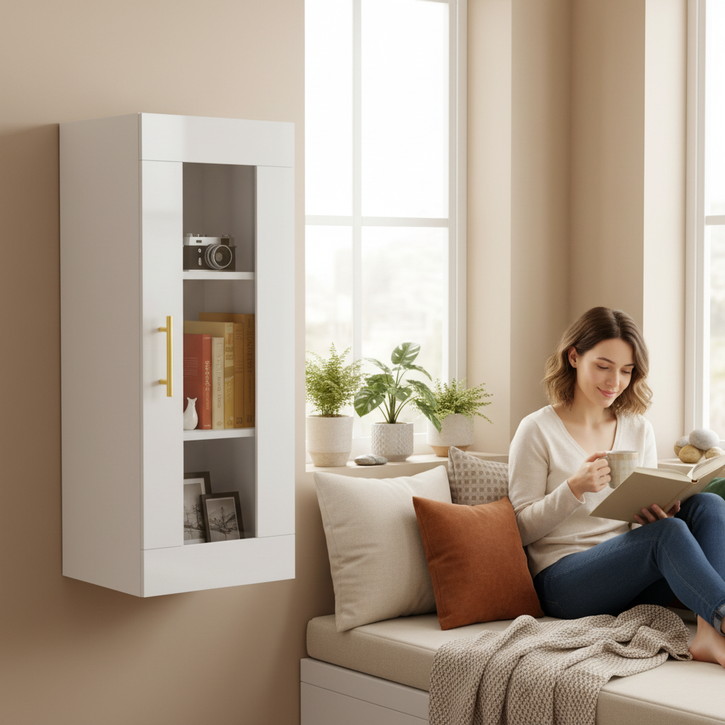 Witte vitrinekast bij leeshoek