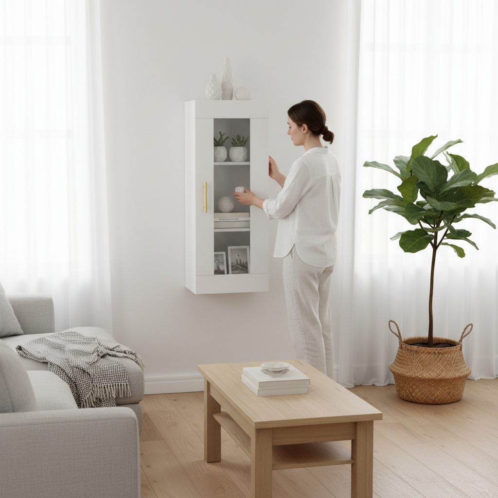 Witte vitrinekast in Scandinavisch interieur