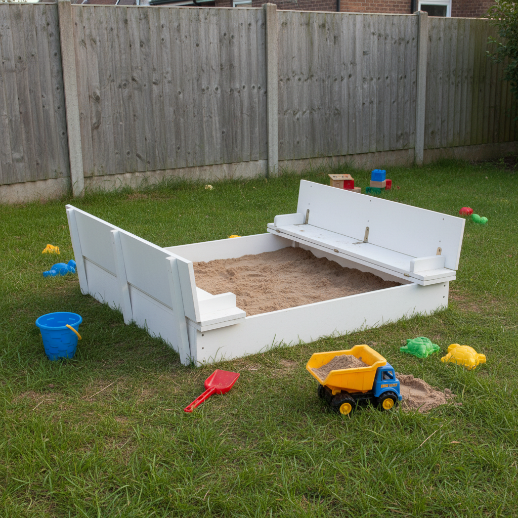Witte zandbak bij houten schutting