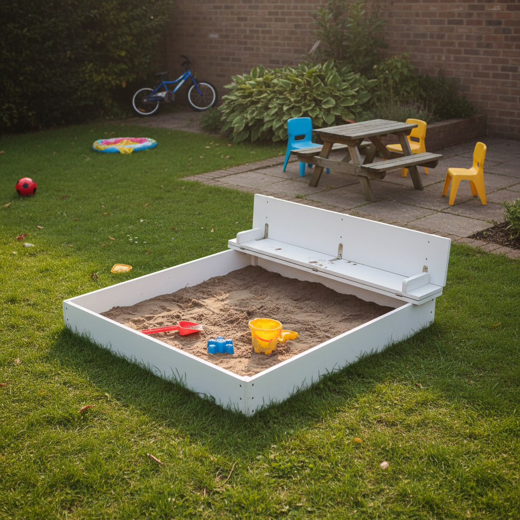 Witte zandbak in voorstedelijke tuin