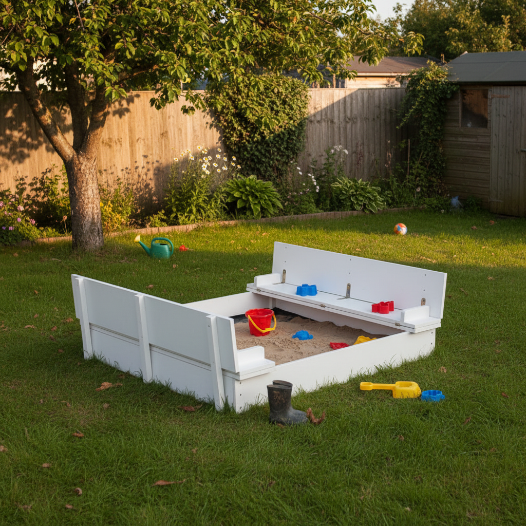 Witte zandbak onder boom