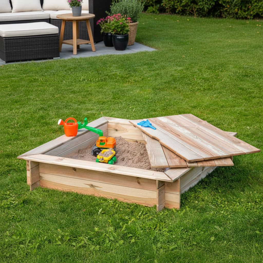 Zandbak in groene tuin