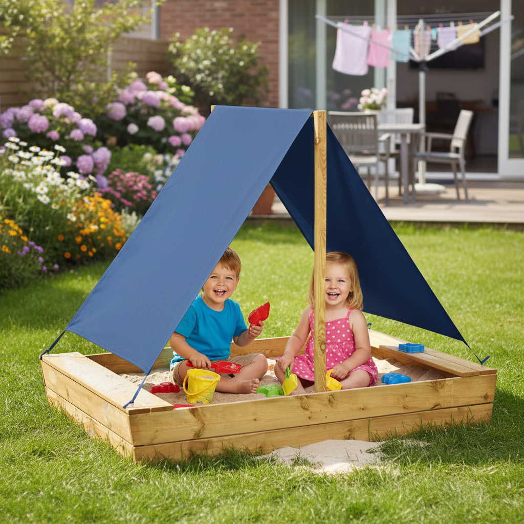 Zandbak met zonnezeil in achtertuin