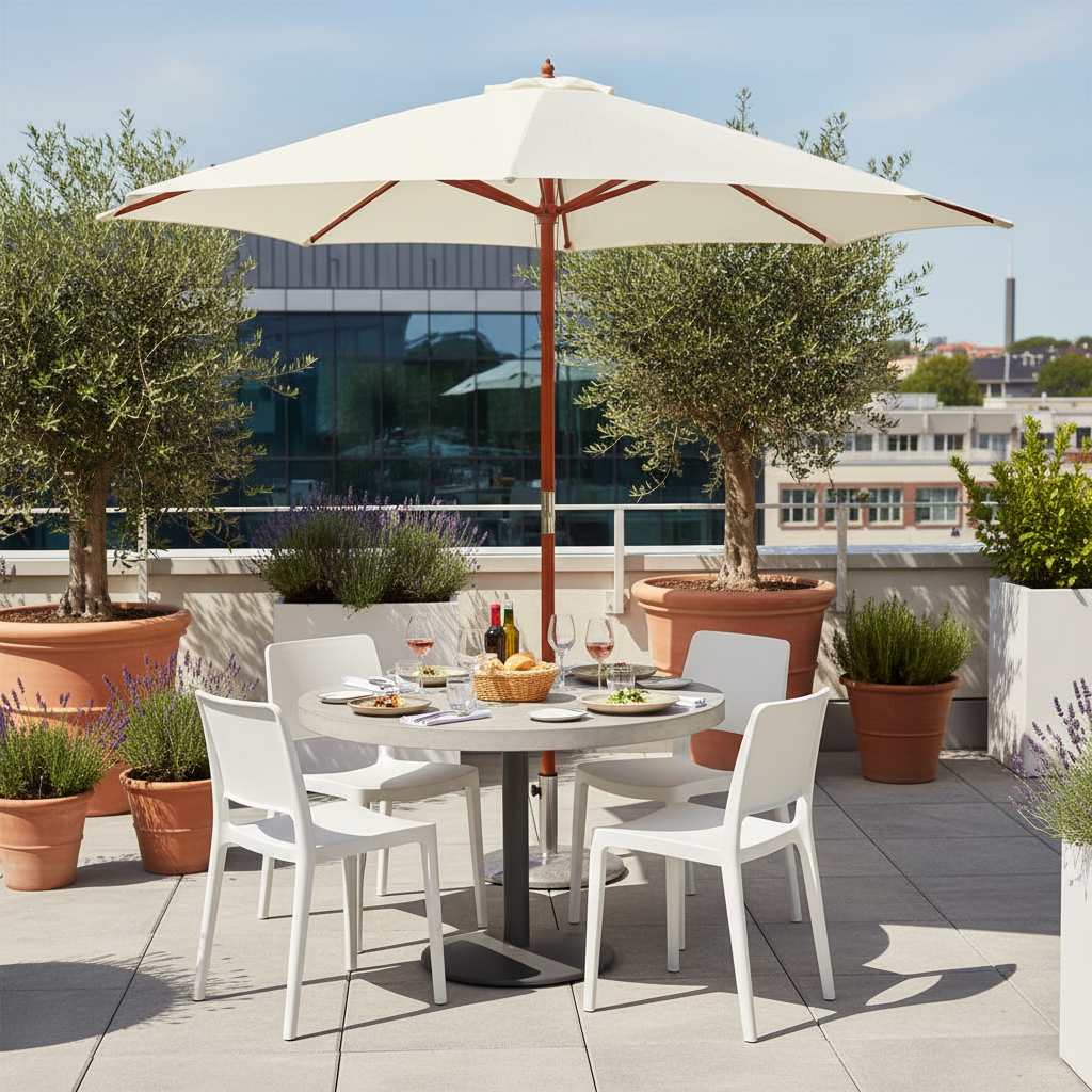 Zandwitte parasol in horecasetting