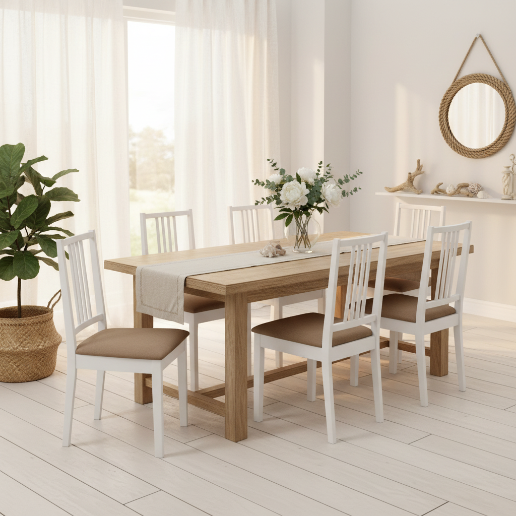 Zes lege witte eetkamerstoelen met beige zitting in coastal eetkamer