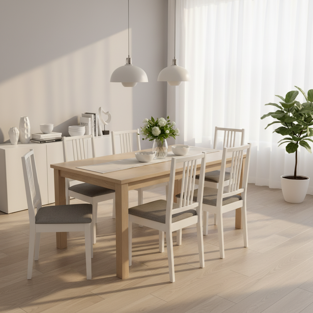 Zes lege witte eetkamerstoelen met grijze zitting in eigentijdse eetkamer