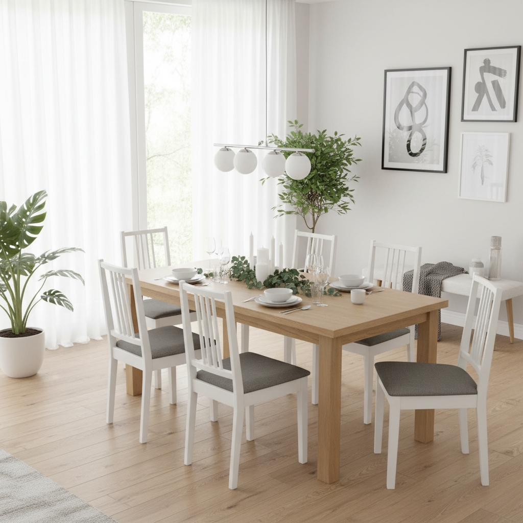 Zes lege witte eetkamerstoelen met grijze zitting in Scandinavische eetkamer