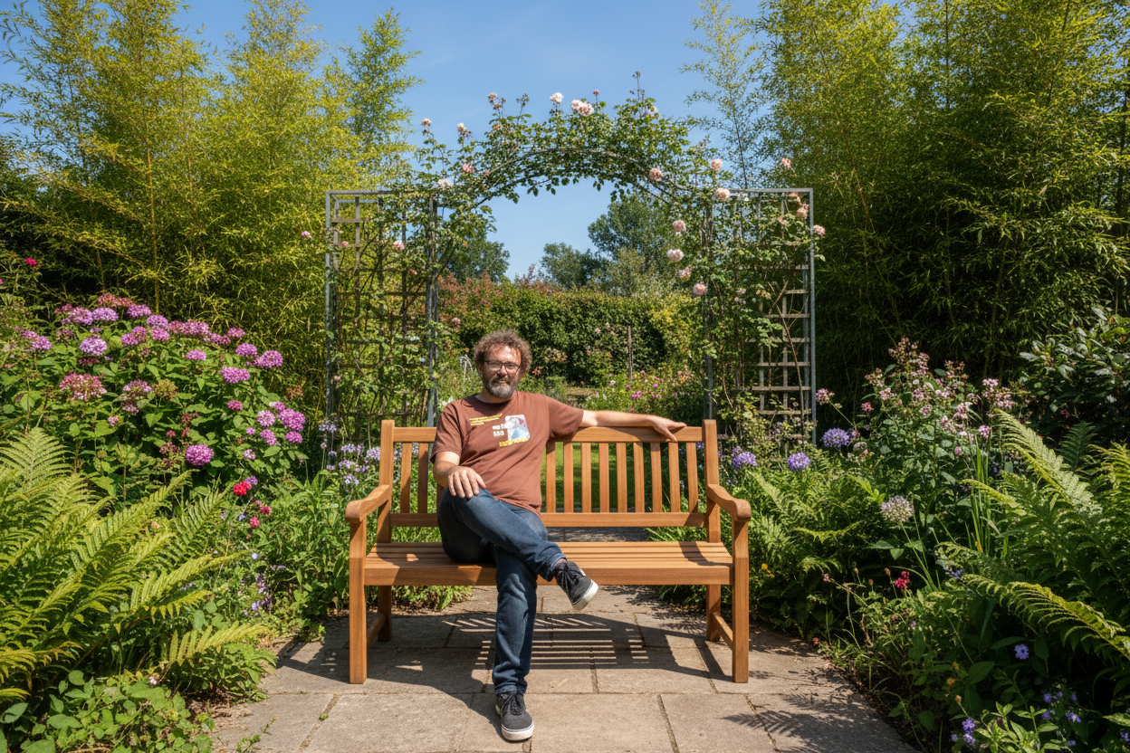 Zittend op de bank in de tuin