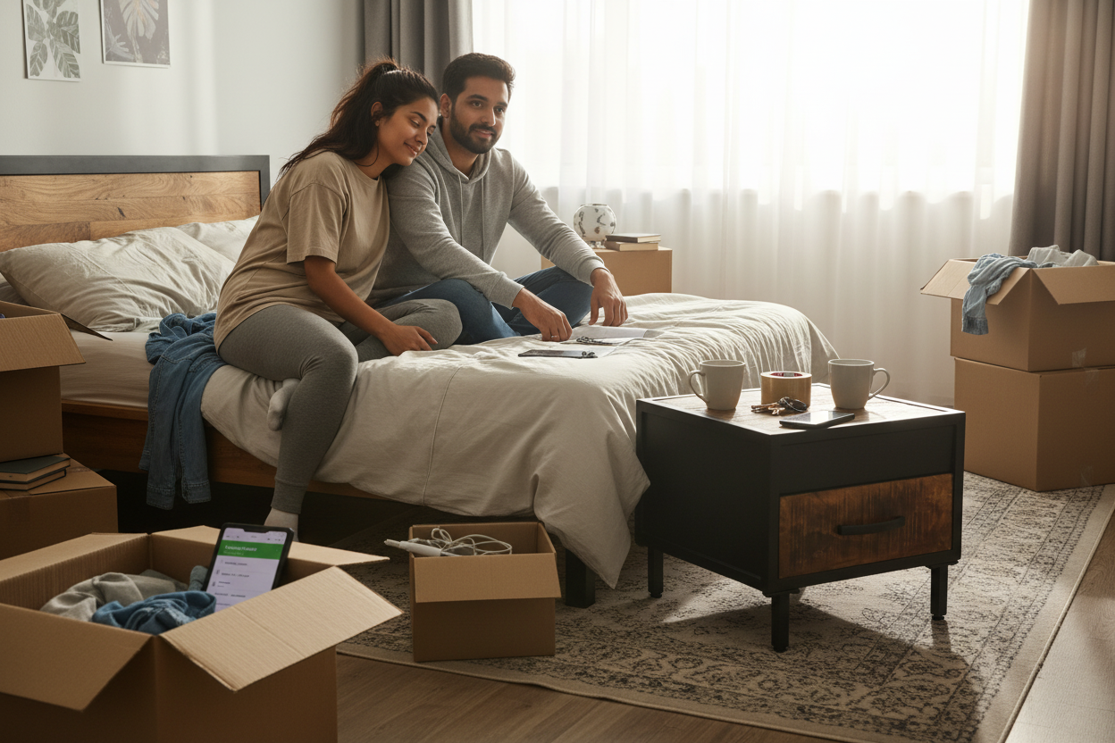 Zuid-Aziatisch stel op verhuisdag