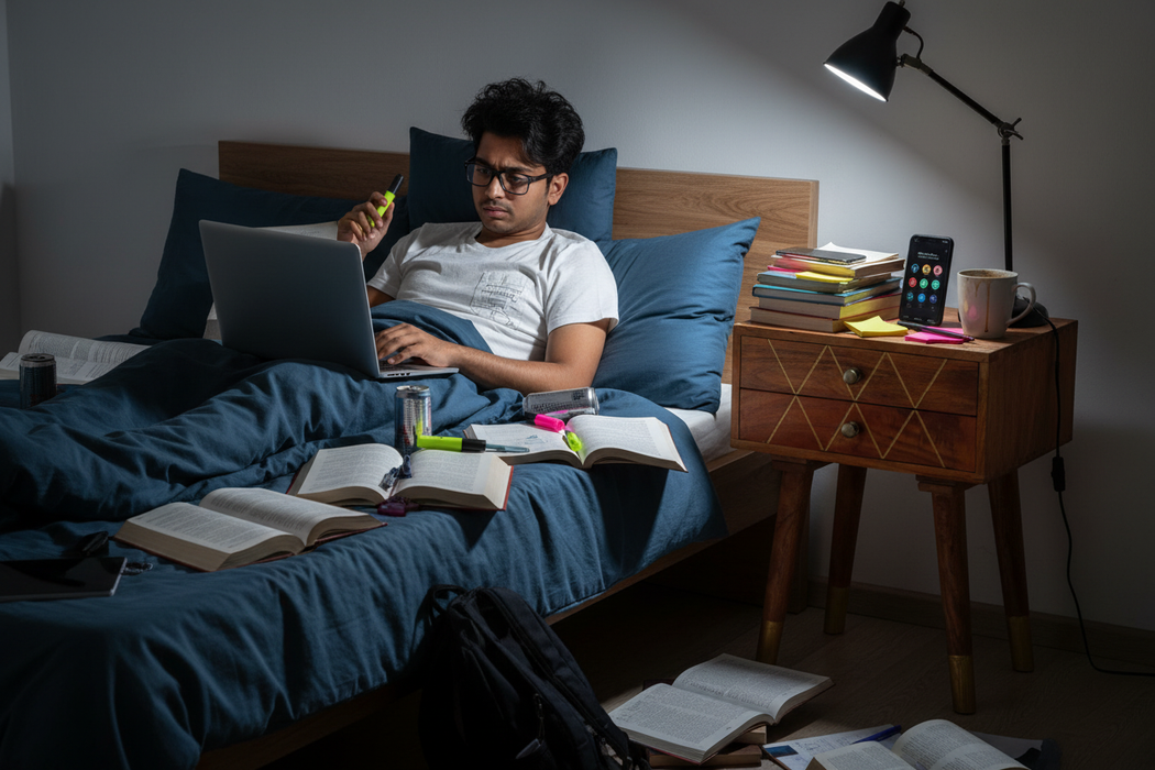 Zuid-Aziatische student studeert 's nachts