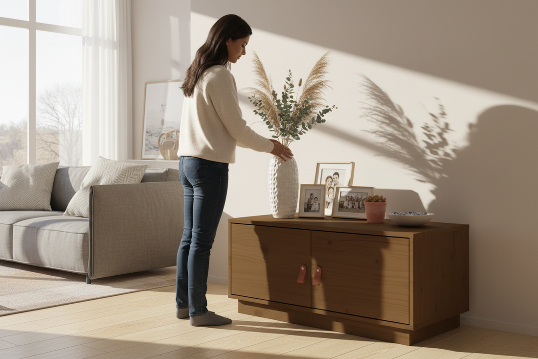 Zuid-Aziatische vrouw bij honingbruine consoletafel