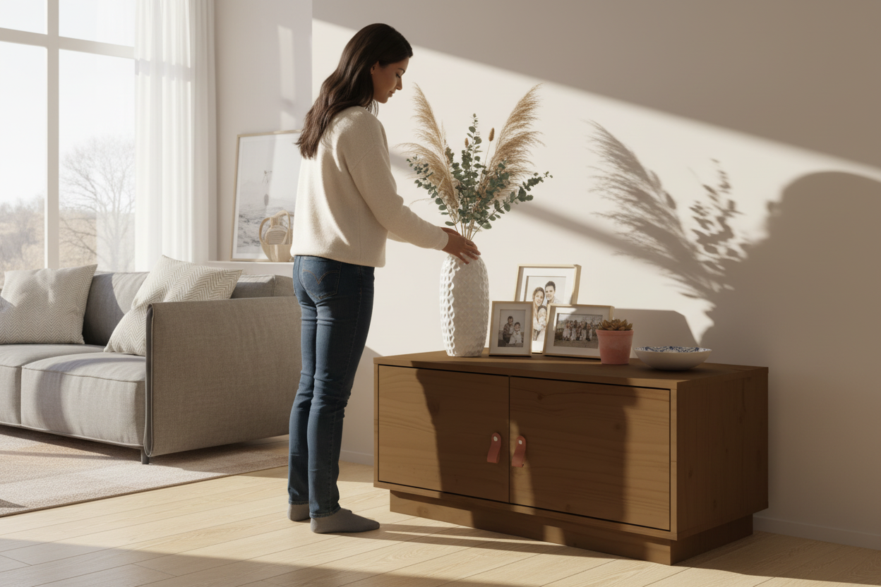 Zuid-Aziatische vrouw bij honingbruine consoletafel