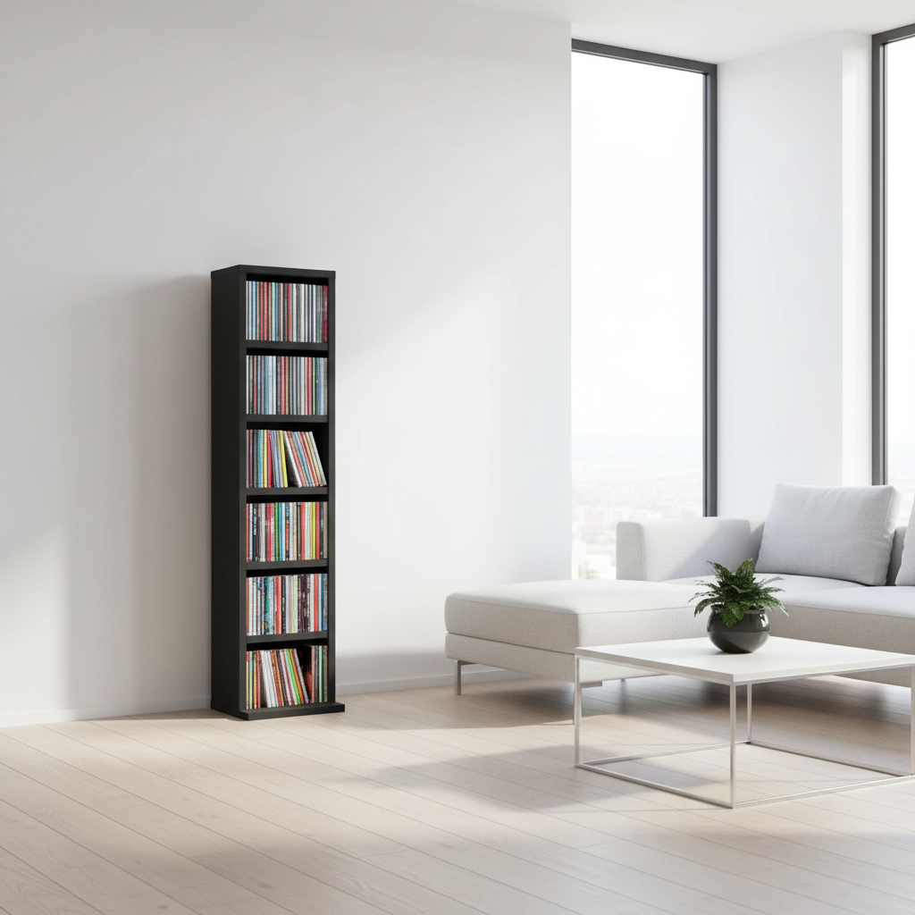 Zwart CD-rek in moderne woonkamer met kleurrijke CD's