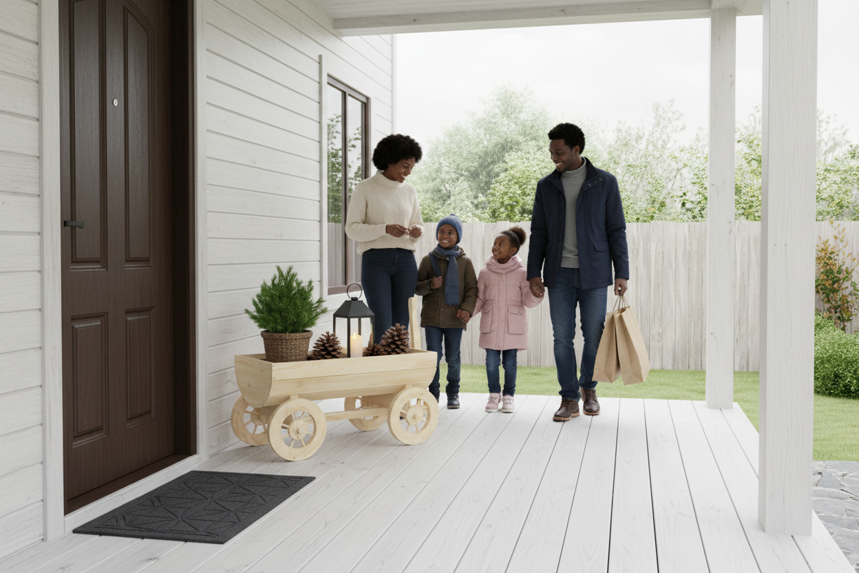 Zwart gezin bij veranda met lichte vurenhout wagen 13:58
