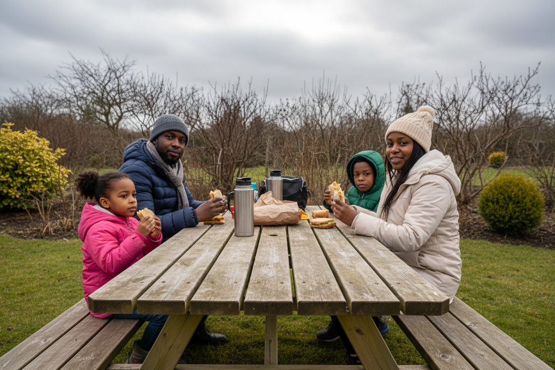 Zwart gezin in achtertuin met 7-planks tafel 12:46