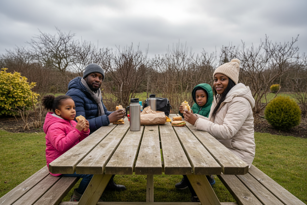 Zwart gezin in achtertuin met 7-planks tafel 12:46