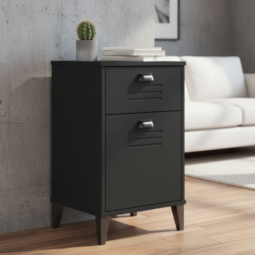 Zwart locker nachtkastje in betonnen loft ruimte