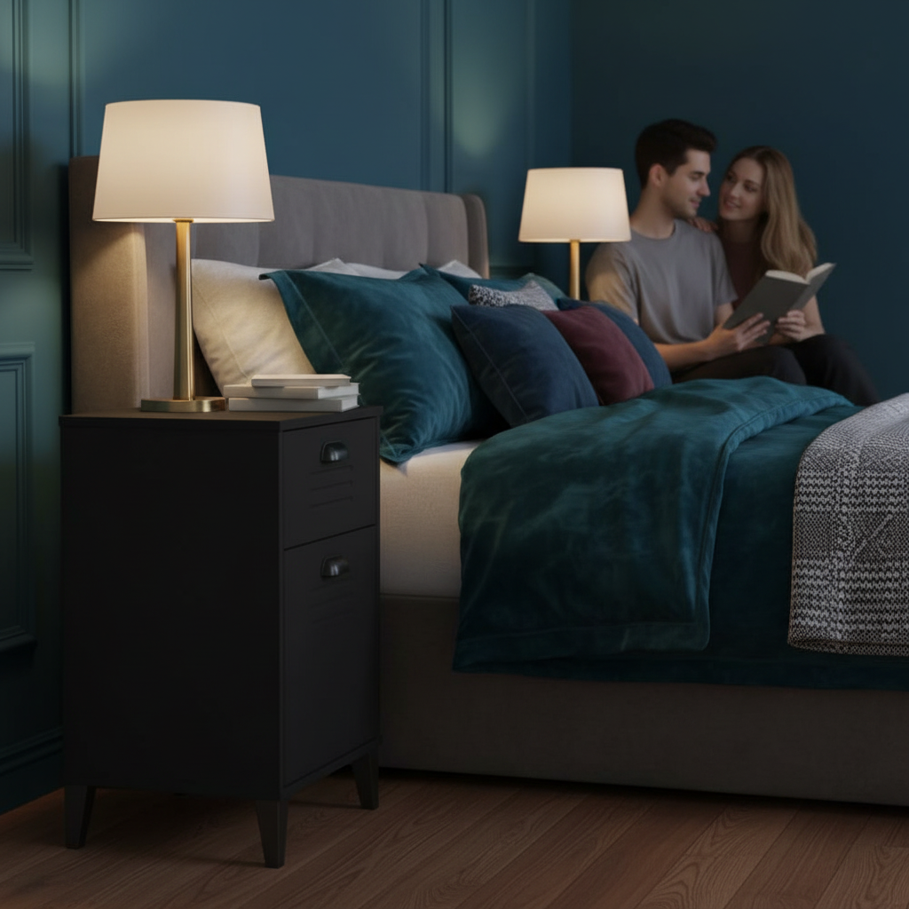 Zwart locker nachtkastje in teal luxe slaapkamer