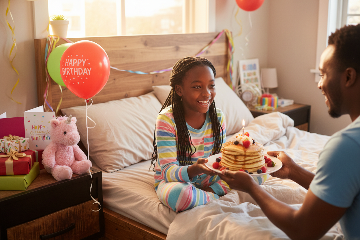Zwart meisje viert verjaardag in bed