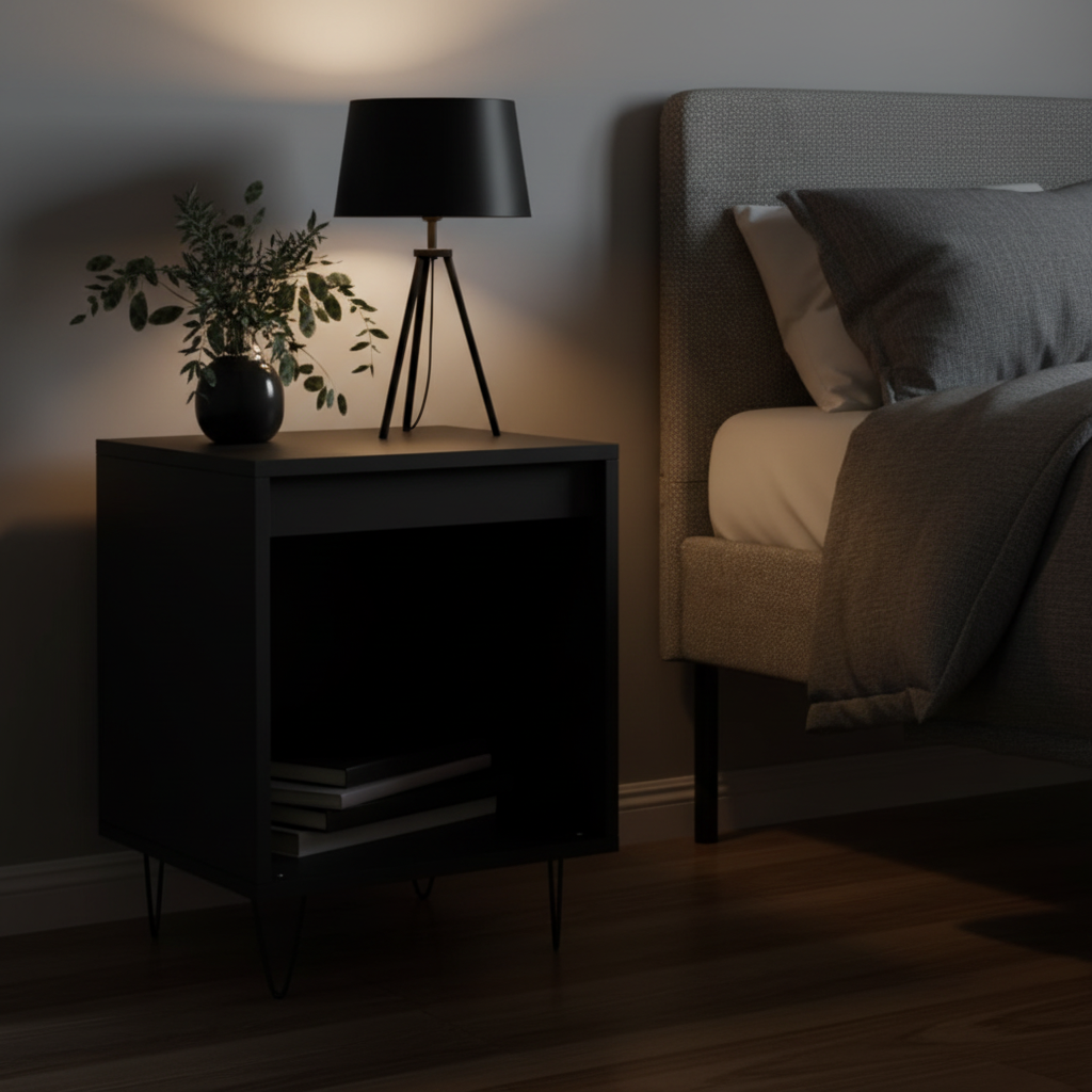 Zwart nachtkastje in stijlvolle slaapkamer