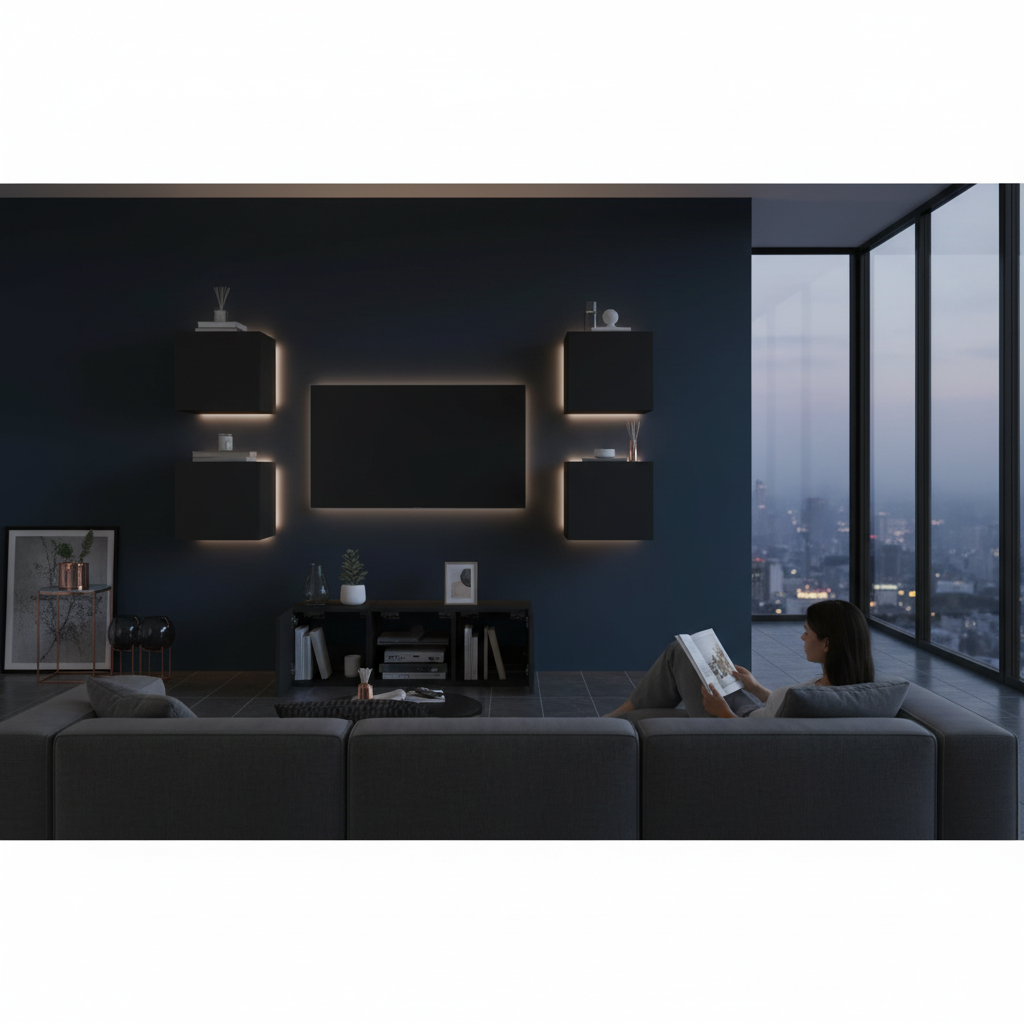 Zwart TV wandmeubel in modern appartement