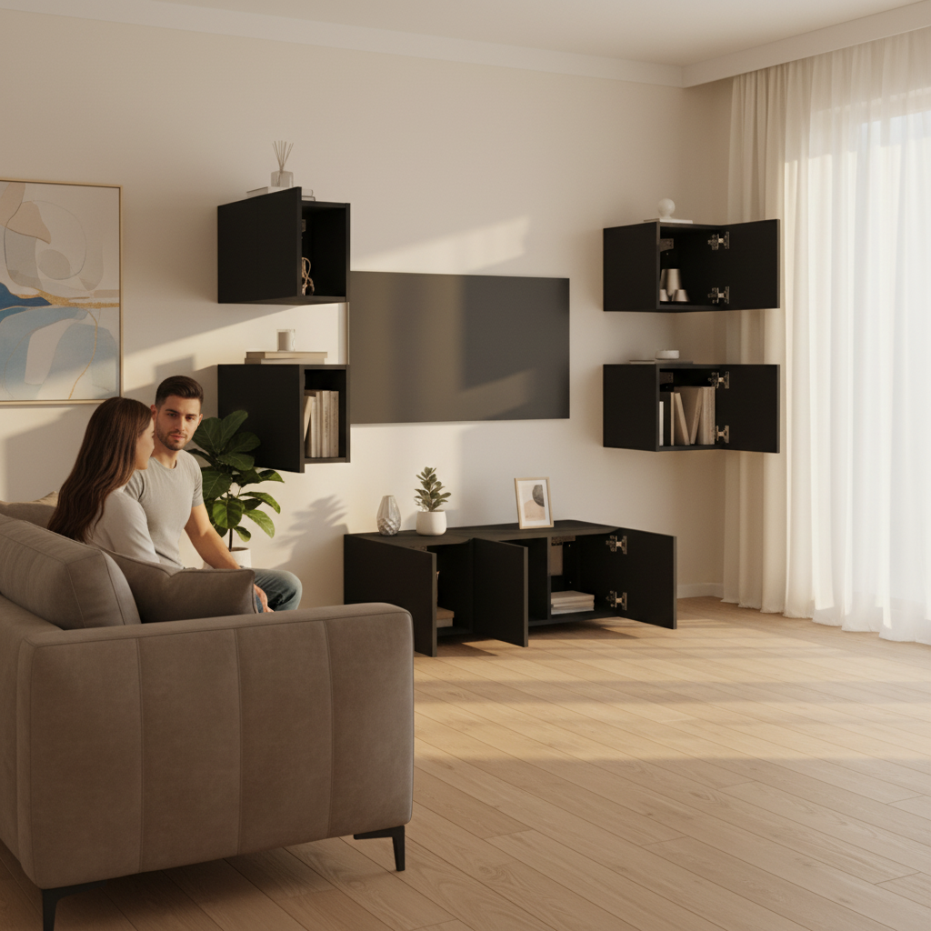 Zwart TV wandmeubel in moderne woonkamer