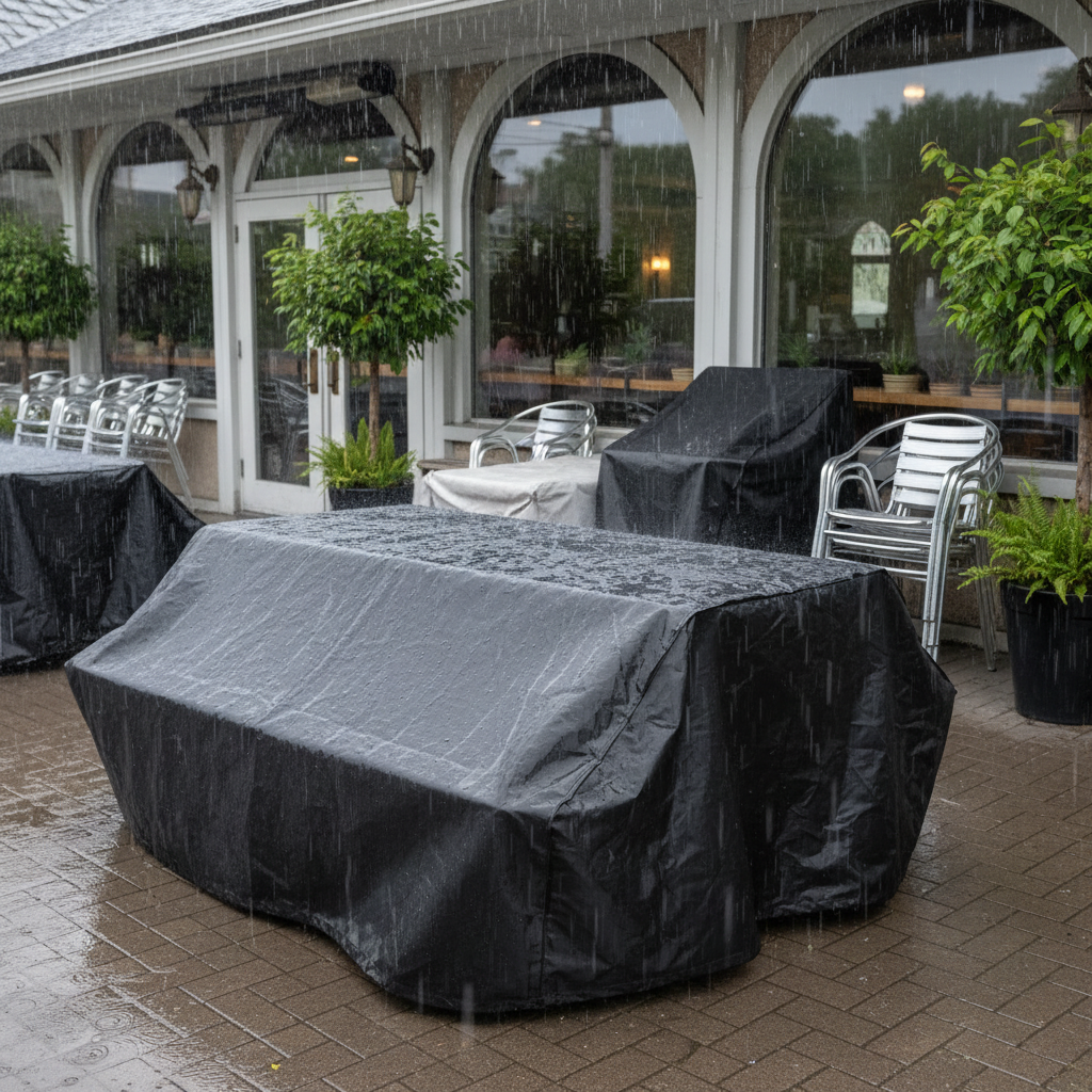 Zwarte beschermhoes bij restaurant in regen