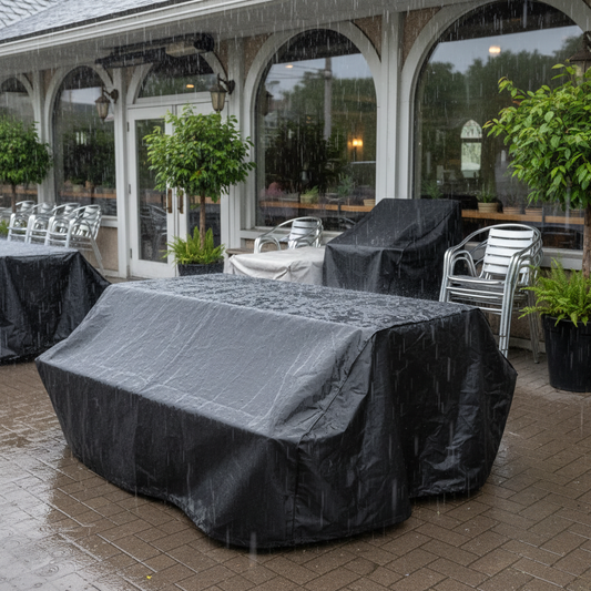 Zwarte beschermhoes bij restaurant in regen