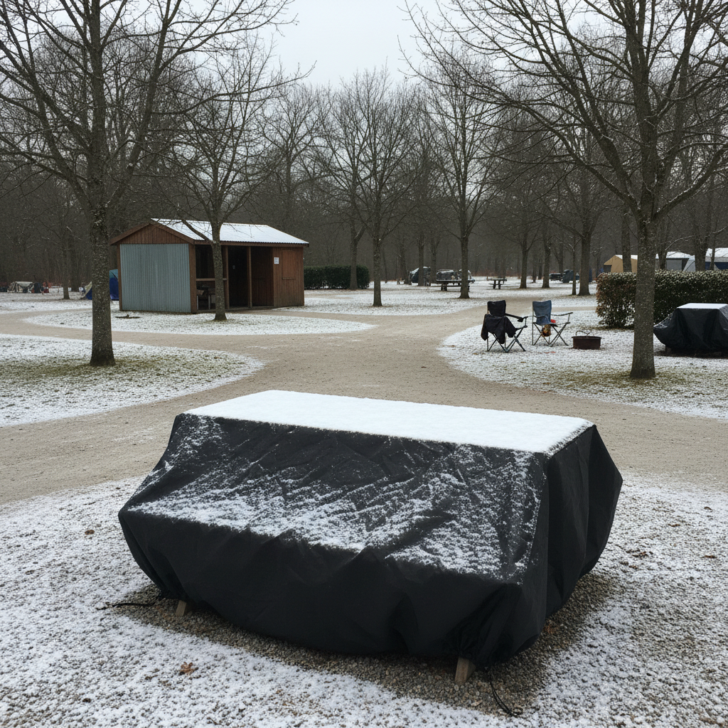 Zwarte beschermhoes op camping in winter