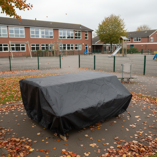 Zwarte beschermhoes op schoolplein