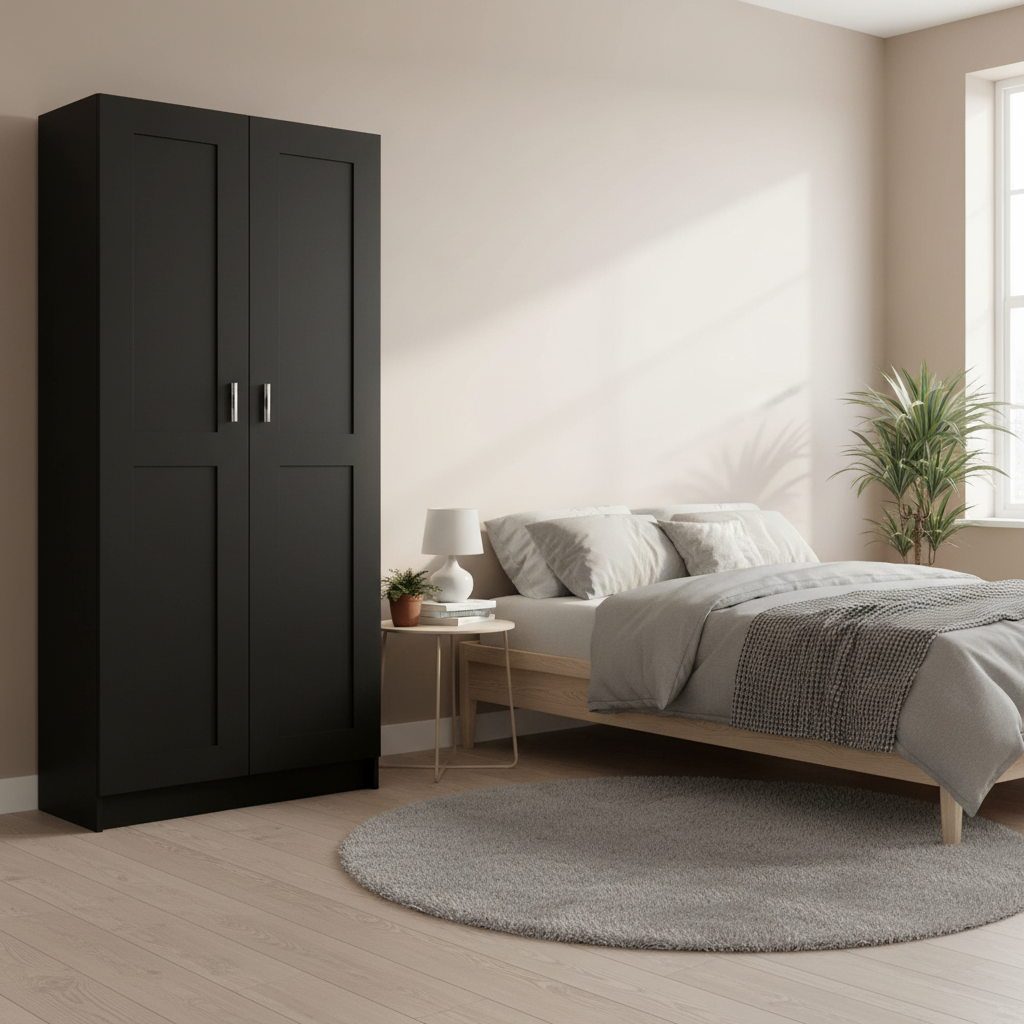 Zwarte boekenkast 185.5cm in Scandinavische slaapkamer