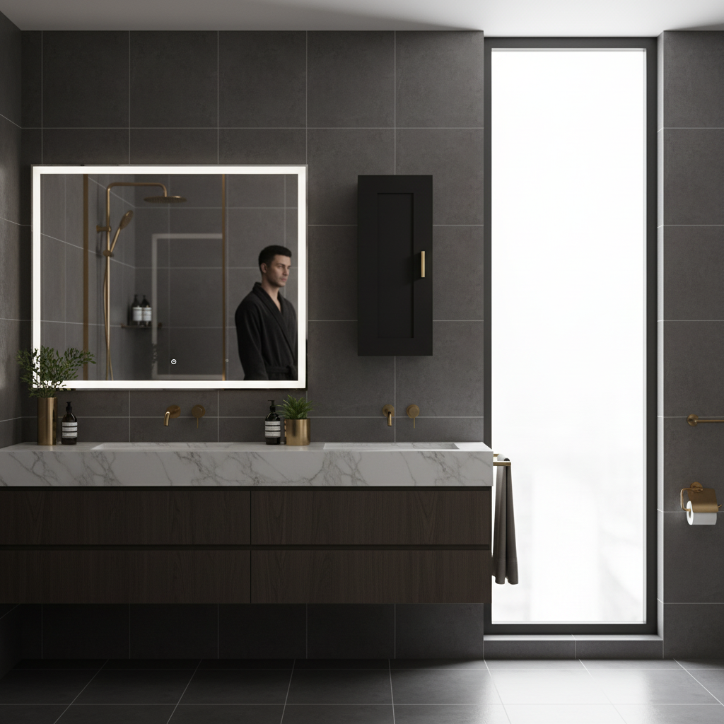 Zwarte bovenkast met gouden handgreep in luxe moderne badkamer