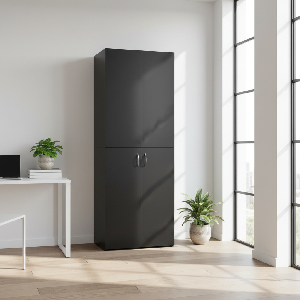 Zwarte kantoorkast in moderne kantooromgeving