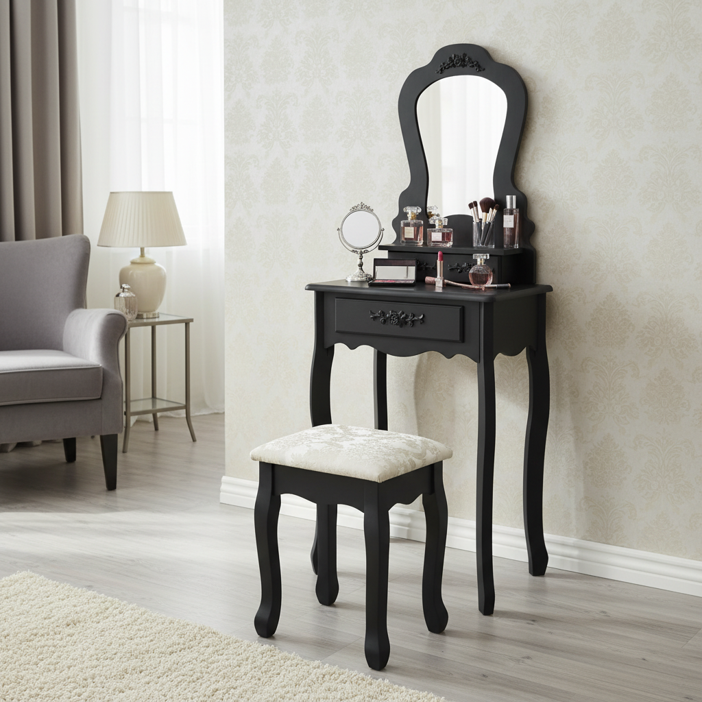 Zwarte kaptafel in elegante slaapkamer